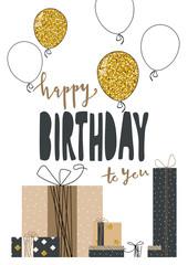 Happy Birthday greeting hand drawn modern card background.