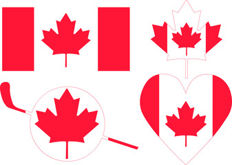 Canada flag, maple leaf in the center of hockey and love