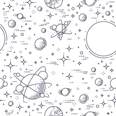 Space seamless background with planets, stars, asteroids and comets, undiscovered galaxy cosmic fantastic and interesting textile fabric for children, endless tiling pattern, vector illustration. - obrazy, fototapety, plakaty