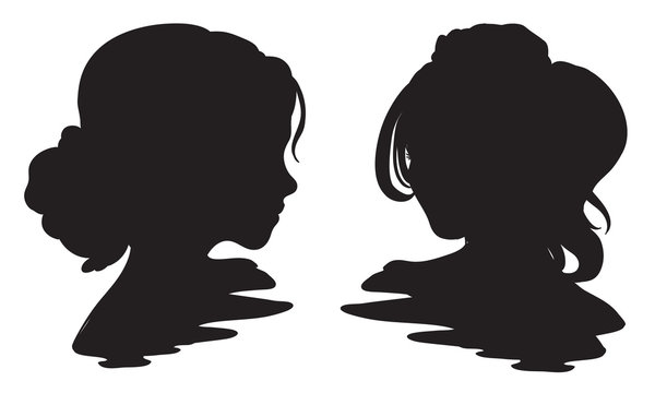 Hand drawn graphic style woman head silhouette with high pony tail hair cut. Vector isolated illustration on a white background.