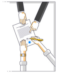 Businessman signs contract paper document or bank customer write a sign on financial form of money credit and employee helps him and explains the terms of loan, top view of people hands. Vector.