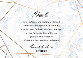 Wedding Details Card template. Geometric design in rose gold on the marble background. Advice for the Bride and Groom. Dimensions 5x3,5 inch. Seamless marble pattern included in the palette.