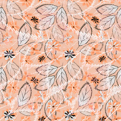 Seamless delicate floral pattern on light coral background.