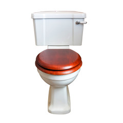 Toilet bowl with tank and wooden seat isolated on white background.