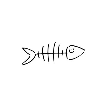 Handdrawn fish bone doodle icon. Hand drawn black sketch. Sign symbol. Decoration element. White background. Isolated. Flat design. Vector illustration