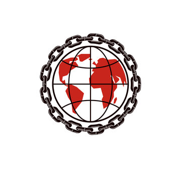 Vector Earth planet illustration surrounded by iron chain. Totalitarianism as the evil power, dictatorship and manipulation theme