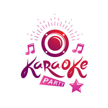 Karaoke party vector writing composed with musical notes and star, leisure and relaxation lifestyle emblem for nightclub party invitation poster.