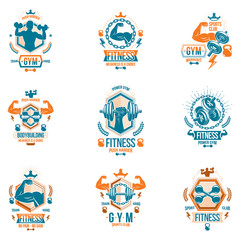 Vector power lifting theme emblems and motivational flyer templates collection made using dumbbells, kettle bells sport equipment and bodybuilder body silhouettes.