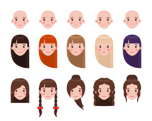 Girl Head with Hairstyles and Emotional Faces Set