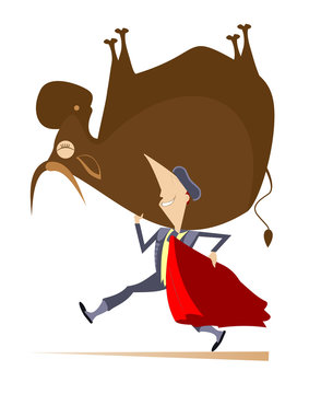 Cartoon bullfighter and bull illustration. Cartoon brave bullfighter carries a defeated bull on his shoulder and a cloak of the matador isolated on white illustration
