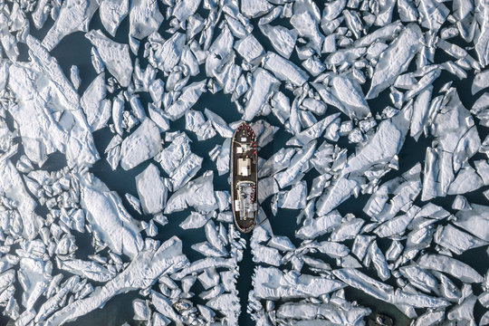 Aerial view of icebreaking vessel in lake