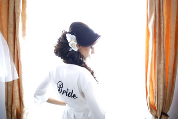 Beautiful lady posing in robe at window