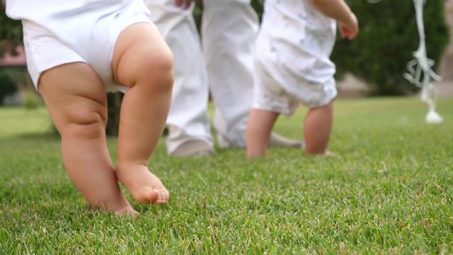 Barefooted toddler baby legs with parent walking on green lawn grass play on backyard