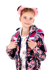 Portrait of smiling happy school girl child with school bag backpack isolated on a white background