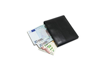 Black leather wallet with euros isolated on white background