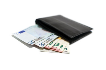 Black leather wallet with euros isolated on white background