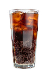 fizzy drink with ice in glass isolated on white background