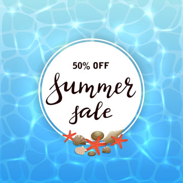 Round card on water background with lettering Summer Sale