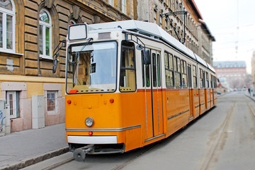 Fototapeta na wymiar Yellow tram in Budapest, Hungary.