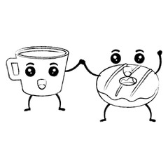 coffee cup with sweet donuts kawaii characters vector illustration design