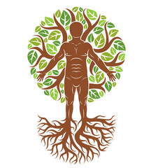 Vector illustration of human, athlete made as continuation of tree with strong roots and surrounded by eco green leaves. Mythic creature, Perun Slavic god.
