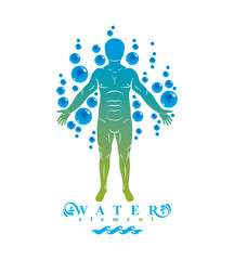 Vector illustration of athletic man isolated on white and surrounded with water bubbles, element of water. Environment conservation metaphor.