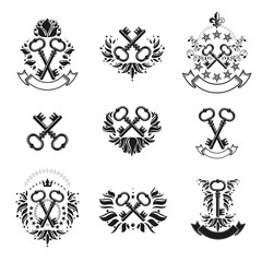 Ancient Keys emblems set. Heraldic Coat of Arms decorative logos isolated vector illustrations collection.