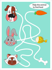 Funny maze children game. Help the animal to find food. Dog, rabbit, cat.