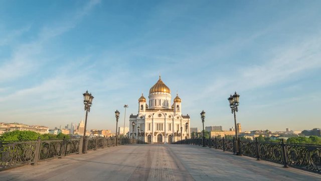 Moscow city skyline motion timelapse or hyperlapse at Cathedral of Christ the Saviour and bridge over Moscow River, Moscow Russia 4K Time Lapse