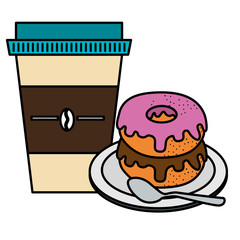coffee in plastic container with sweet donut vector illustration design