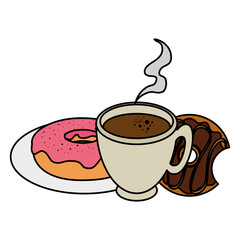 coffee cup with sweet donuts vector illustration design