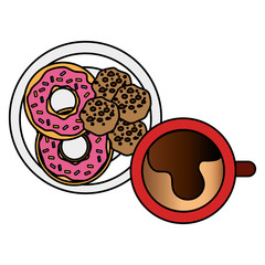coffee cup with sweet donuts vector illustration design