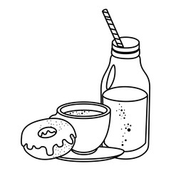 coffee cup and milk bottle with sweet donuts vector illustration design