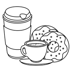 coffee cup and plastic container with sweet donuts vector illustration design