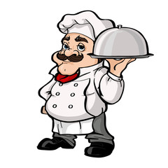 Smiling Chef cartoon character holding silver platter