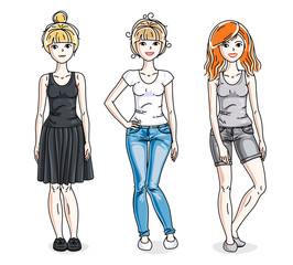Happy young adult girls group standing wearing fashionable casual clothes. Vector people illustrations set. Fashion and lifestyle theme cartoons.
