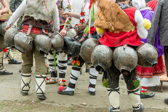 Traditional Kukeri costume bells on a traditional Bulgarian Kukeri holidays festival