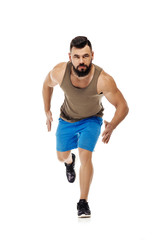 man running forward on white background