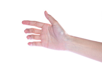 Open woman hand on white background
