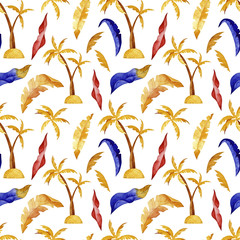 Watercolor travel seamless pattern. Summer travel. Perfect for you postcard design, wallpaper, print, invitations, patterns, travel, poster, packaging etc.