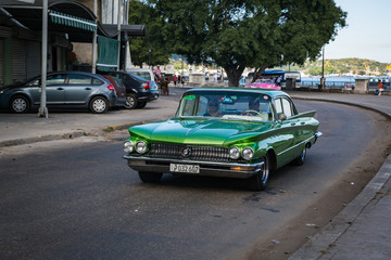 HABANA, CUBA-JANUARY 11: Old car on January 11, 2018 in Habana, Cuba. Old car on the city street