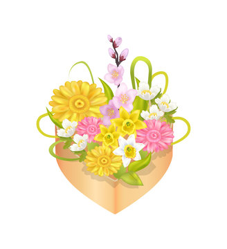 Bouquet of Spring Flowers in Heart Shape Decor Box