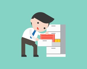 businessman finding document files in drawer, ready to use character office situation flat design