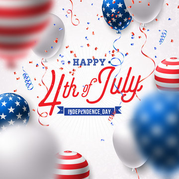 Happy Independence Day of the USA Vector Illustration. Fourth of July Design with Air Balloon and Falling Confetti on White Background for Banner, Greeting Card, Invitation or Holiday Poster.