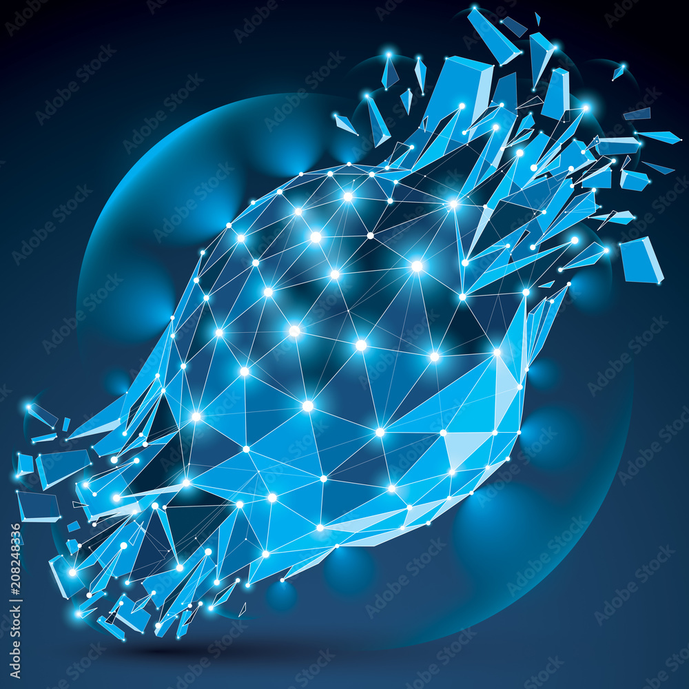 Poster vector dimensional wireframe blue sparkling object with radiance circles, demolished shape with part