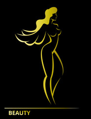 Stylized linear silhouette of a woman bird with wings symbol of femininity and beauty