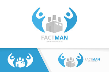 Fototapeta premium Vector factory and people logo combination. Industry and family symbol or icon. Unique manufacturing and union, help, connect, team logotype design template.