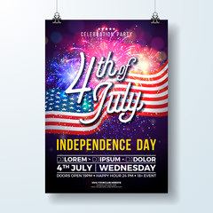 Independence Day of the USA Party Flyer Illustration with Flag and Fireworks. Vector Fourth of July Design on Dark Background for Celebration Banner, Greeting Card, Invitation or Holiday Poster.