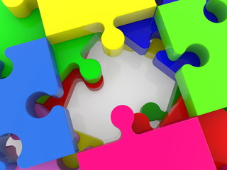 Stacked colorful puzzle pieces close up