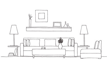 Fototapeta premium Sofa, chair, lamp and table with potted plant. Hand drawn vector illustration of a sketch style.